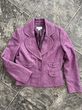 LOFT ANN TAYLOR Purple Tailored Wool-Blend Blazer with Notched Rounded Lapel